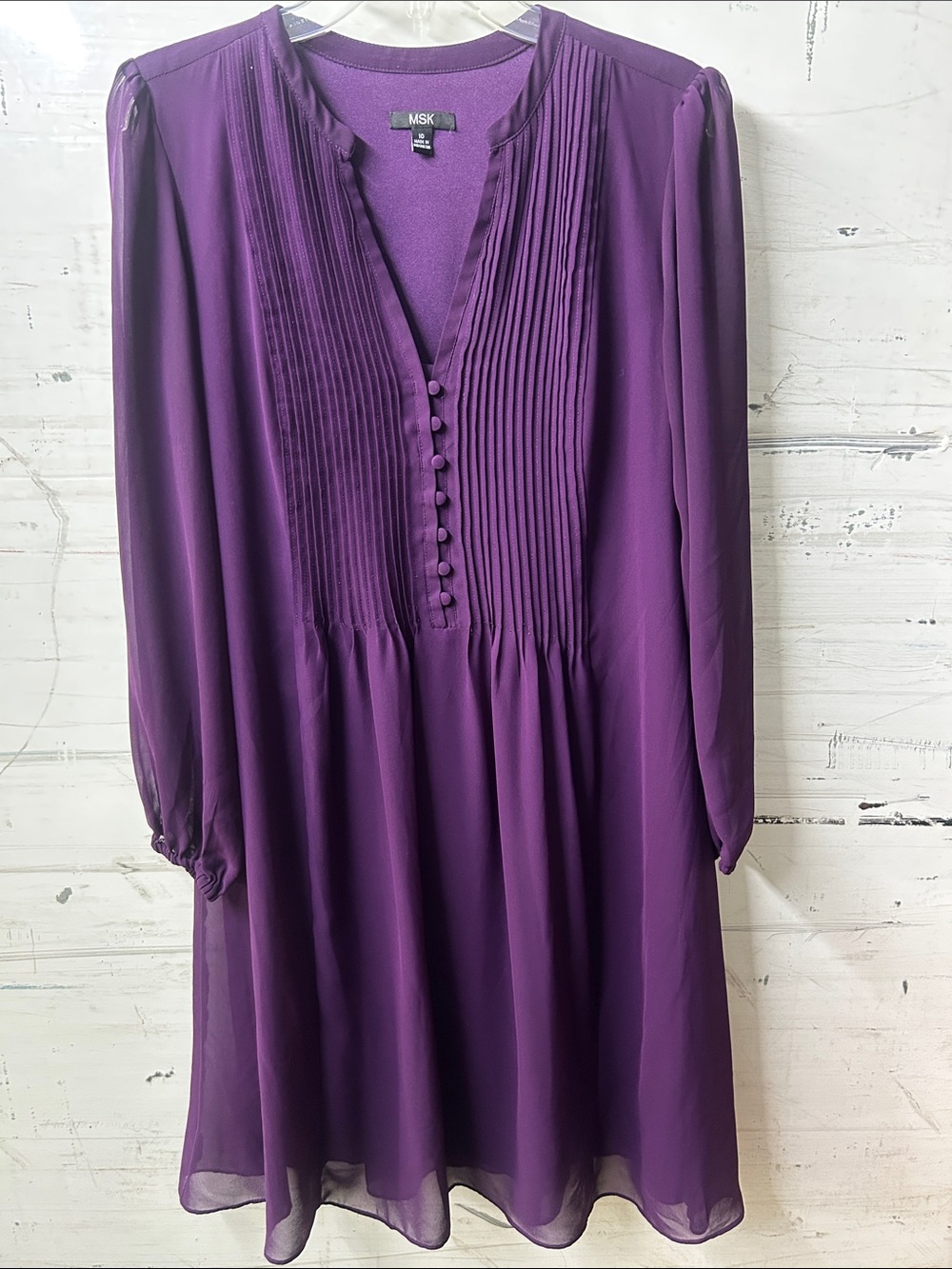 💗🫶💐MSK Deep Purple Pleated V-Neck Long Sleeve Dress